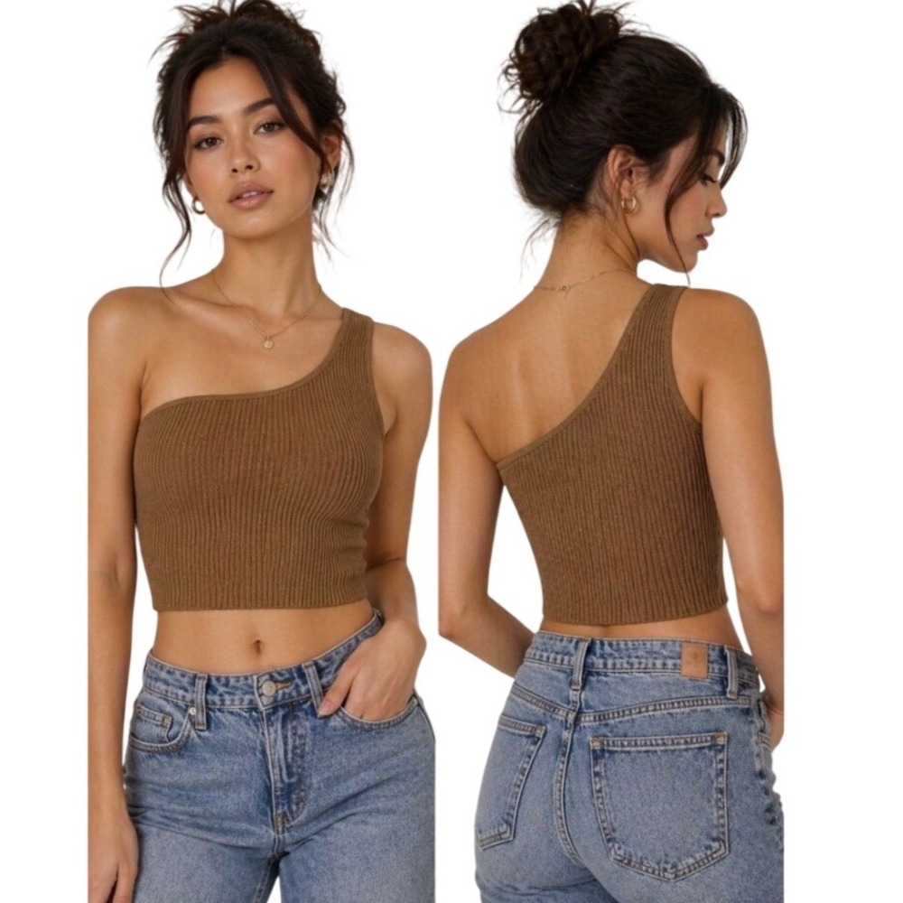 Aritzia Babaton Sculpt Knit One Shoulder Crop Tank Brown XS 75721 Minimalist